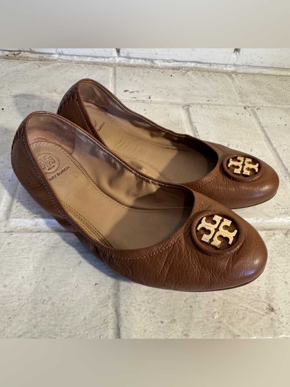Tory Burch Minnie Travel Ballet Flats - Royal Tan Leather - Size 9.5